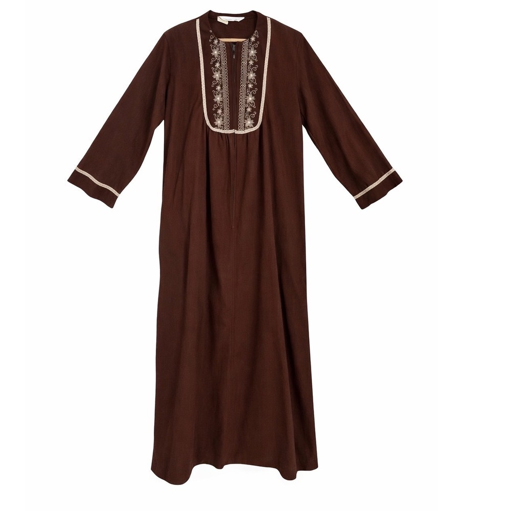 VTG 70s‎ Heiredd Flannel Housecoat Robe Brown Embroidered Cottagecore Zip